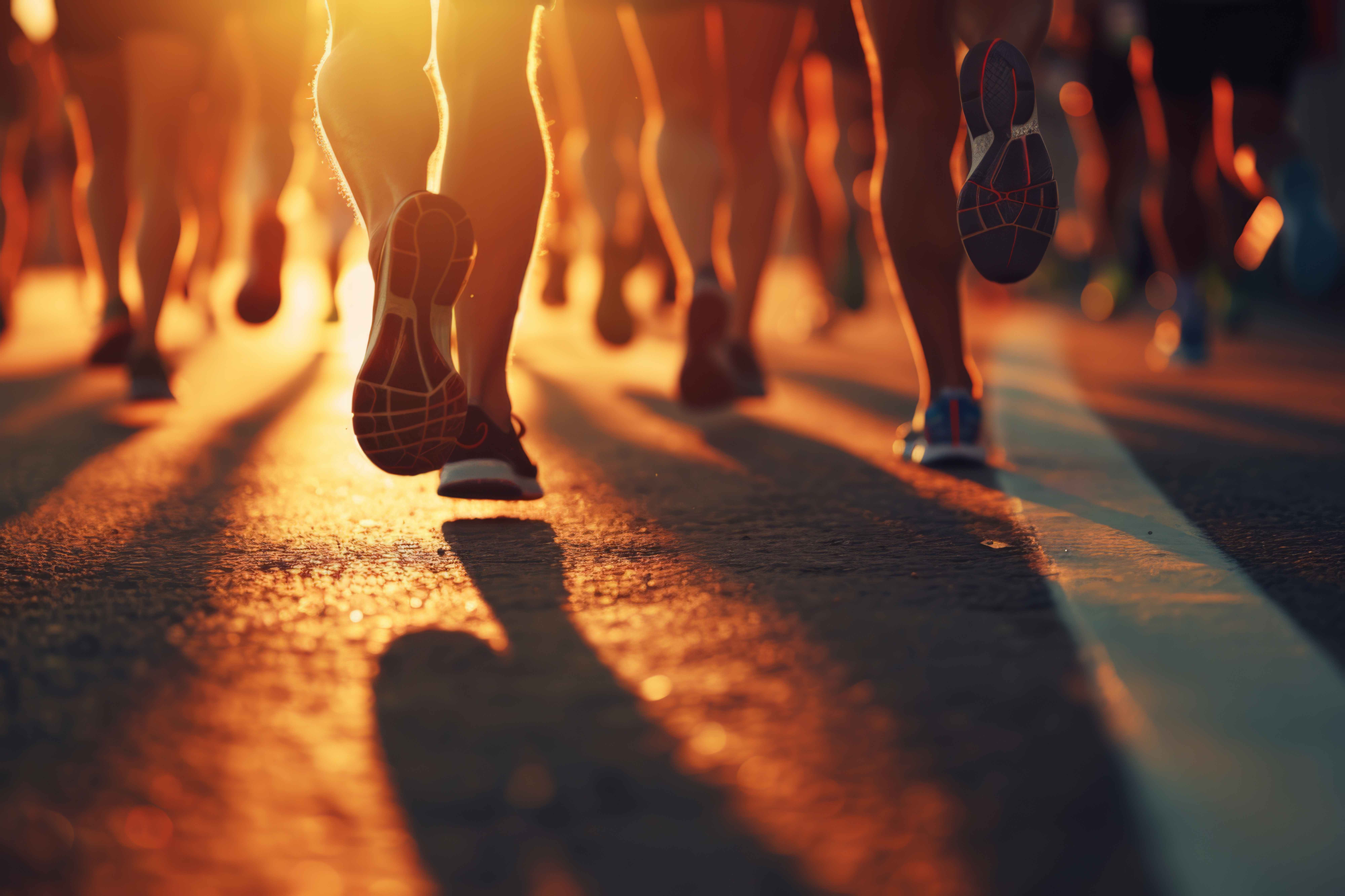 Pés de corredores durante maratona ao nascer do sol